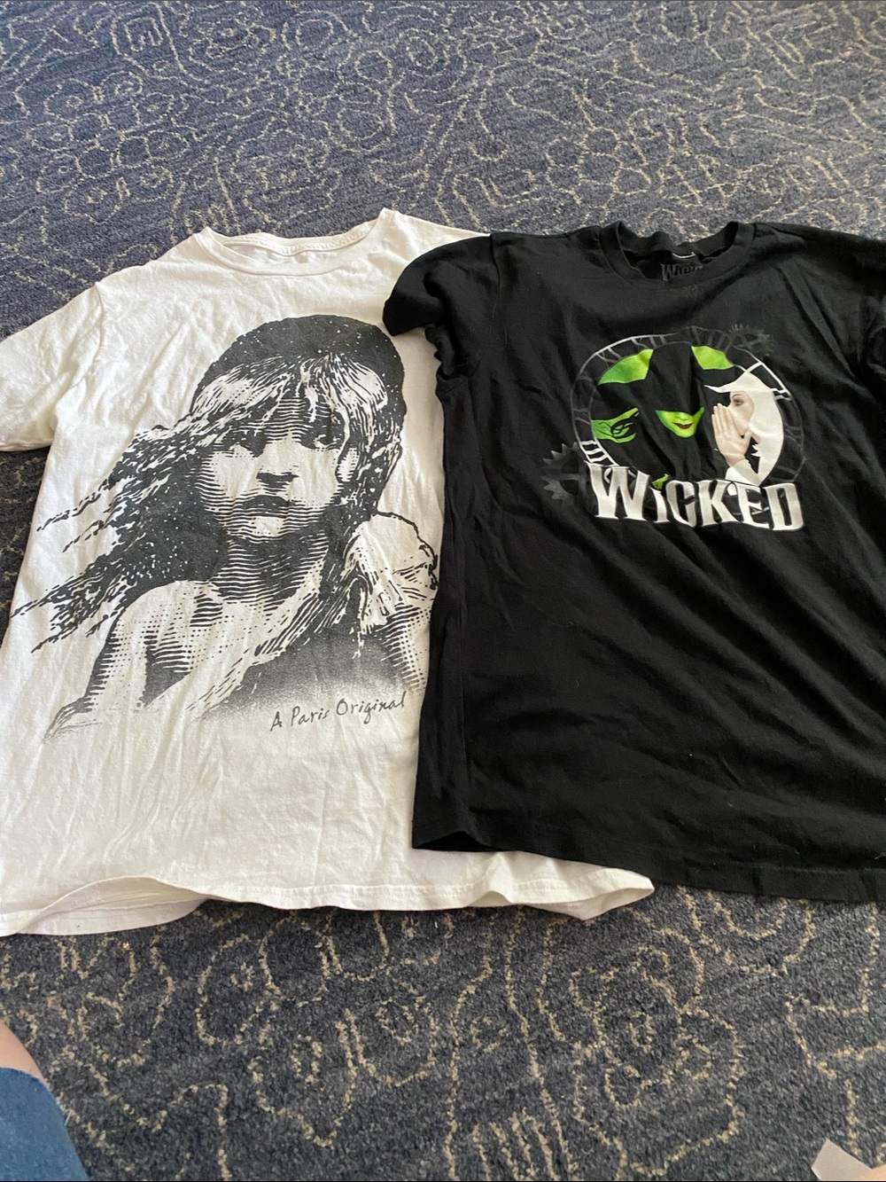 2 Official Merch Broadway Tees. Les Mis women S , Wicked Yourh L